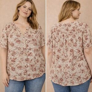 Maurices Plus Size XL Floral Tunic Top Short Sleeve V Neck Button Up